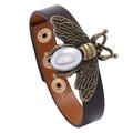 Bracciale in pelle marrone retrò con ape vintage e perla finta per uno stile unisex - Bracciale Marrone Scuro Decorato con Ape Vintage