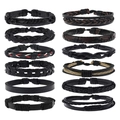12-piece set of men's vintage woven leather bracelets in black and brown punk styles - 12pcs Set