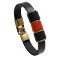 Retro herenarmband van zwart leer met oranje accenten en bronzen magnetische sluiting - Zwart en Oranje Contrast