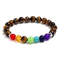 Handmade tiger eye stone bracelet with colorful chakra beads on a white background - Tiger Eye + Seven Colors