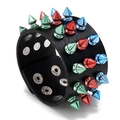 Bracelet punk en cuir avec trois rangées de pointes colorées et boutons-pression - Noir