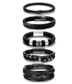 Set di cinque braccialetti in pelle intrecciata nera da uomo con chiusure magnetiche argento - Set da 5 pezzi