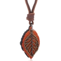 Retro leather leaf pendant necklace with bronze metal veins on brown cord for men and women - Light Brown + Black Leaf