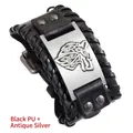 Pulsera vikinga con cabeza de lobo en cuero PU negro y placa de metal plateado antiguo - PU Negro + Plata Antigua