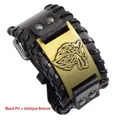 Pulsera vikinga con cabeza de lobo en cuero negro con acabado de bronce y hebilla - PU Negro + Bronce Antiguo