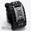 Men's black PU leather braided bracelet with vintage silver moon and star pentagram - Black PU + Antique Silver