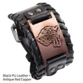 Pulsera de cuero PU negro con cabeza de lobo vikingo en bronce rojo y nudo celta - PU Negro + Cobre Rojo Antiguo
