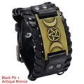 Men's retro punk braided black PU leather bracelet with antique bronze pentagram plate - Black PU + Antique Bronze