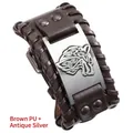 Pulsera vikinga con cabeza de lobo en cuero trenzado marrón y placa de plata antigua - PU Marrón + Plata Antigua
