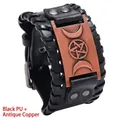 Men's retro braided leather wristband with antique copper mystical star symbol charm - Black PU + Antique Red Copper
