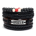 Multilayer leather bracelet set with woven ropes, wood beads and LOVE metal plate - Retro Woven Style