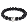 Bracciale minimalista con perline nere opache da 8mm e ciondolo testa di leopardo argento - Nero