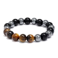 Men's Tiger Eye beaded bracelet with Obsidian and Hematite stones on white background - Tri-Color Beaded (BD082)