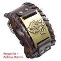 Men's brown braided leather bracelet with antique bronze Viking wolf head totem - Brown PU + Antique Bronze