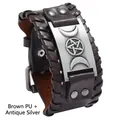 Brown PU leather punk bracelet featuring an antique silver triple moon goddess plaque - Brown PU + Antique Silver