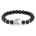 Matte black beaded bracelet featuring a silver tree of life charm on a white background - Black