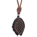 Retro leaf pendant necklace with bronze metal filigree and brown leather cord - Dark Brown + Black Leaf