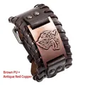Vintage Viking wolf totem braided brown leather bracelet with antique copper finish - Brown PU + Antique Red Copper