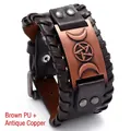 Braunes geflochtenes Lederarmband im Punk-Stil mit vintage Pentagramm-Platte - Braun PU + Antik-Rotkupfer