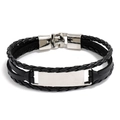 Mehrlagiges Herren-Lederarmband in Schwarz mit polierter silberner Edelstahlplatte für Gravur - Schwarzes Leder Silberner Verschluss