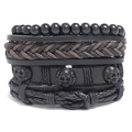 Herren Punk-Stil mehrlagiges geflochtenes Lederarmband-Set mit schwarzen Totenköpfen - Mehrschichtiges Set