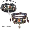 Adjustable multi-layer beaded leather bracelet set with musical note and star charms - Music Note & Star Duo