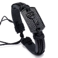 Multilayer black woven leather bracelet with heart key charm and love engraving - Black