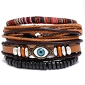 Multilayer bohemian leather bracelet set featuring vintage woven straps and evil eye charm - Vintage Combination Style