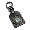 Handmade vintage black leather car keychain with turquoise concho and silver sunflower metal - Black