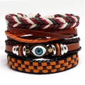 Set di bracciali bohémien multistrato in pelle con occhio greco e cordini intrecciati - Set da 4 Pezzi (TZ483)