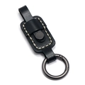 Black premium cowhide leather keychain with white hand-stitching and matte grey ring - Black