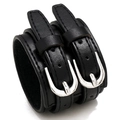 Bracciale in pelle nera a doppio strato stile punk con fibbie in metallo argento uomo - Nero