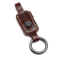 Dark brown leather keychain with vintage stitching and matte grey metal ring accessory - Brown