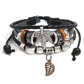 Multilayer punk leather bracelet with beaded cross and cannabis leaf charm on white backdrop - Maple Leaf