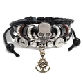 Handmade multilayer leather bracelet featuring skull and anchor charms in black punk style - Skull