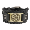 Retro black leather bracelet featuring Celtic wolf relief on a brass metal plate - Antique Bronze
