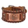 Vintage Viking leather bracelet featuring Thor's hammer and Nordic runes on a wide band - Antique Red Copper