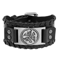 Retro black leather bracelet with braided edges and Celtic knot metal plate on white background - Antique Silver