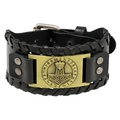 Vintage black leather Viking bracelet featuring bronze Mjölnir hammer and runic symbols - Antique Bronze