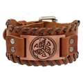 Vintage brown leather woven bracelet for men with bronze animal relief metal plate - Antique Red Copper