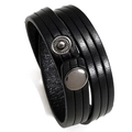 Herren Armband aus schwarzem Echtleder doppelt gewickelt mit Vintage-Druckknöpfen - Schwarz