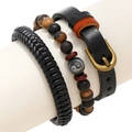 Set vintage di 3 braccialetti da uomo in pelle intrecciata con perline e ciondolo - Set da 3 pezzi