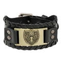 Vintage Wikinger Armband aus schwarzem Leder mit Kompass-Schild und Flechtverzierung - Antikbronze