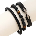 Herren Armband 3er Set mit geflochtenem Leder, Lavastein Perlen und Angelhaken Verschluss - Geflochtenes Leder und Perlen Kombi (TZ517)