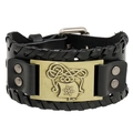 Pulsera vintage de cuero trenzado negro con placa metálica de nudo celta vikingo - Bronce Antiguo