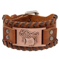 Pulsera vintage de cuero trenzado marrón con placa vikinga de cobre y remaches - Cobre rojo antiguo