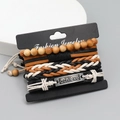 4-teiliges Set geflochtene Lederarmbänder für Herren mit Holzperlen und Metallanhänger - Schwarz Khaki