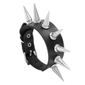 Punk-stijl zwarte lederen armband met een enkele rij grote zilveren metalen spikes - Zwart