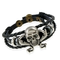 Pulsera punk de cuero trenzado con calavera plateada vintage y espadas cruzadas - Negro