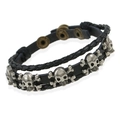 Bracciale multistrato in pelle intrecciata nera con teschi in argento vintage e borchie - Nero